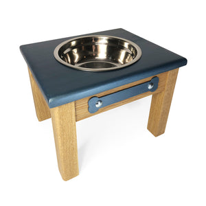 Raised Dog Bowl Stand - 1 Bowl 9" High - Steel Blue Top | White Oak Bottom