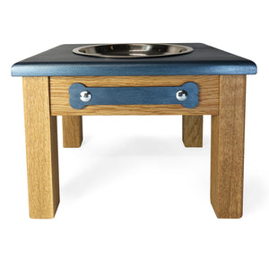 Raised Dog Bowl Stand - 1 Bowl 9" High - Steel Blue Top | White Oak Bottom