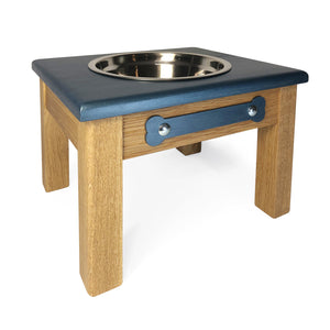 Raised Dog Bowl Stand - 1 Bowl 9" High - Steel Blue Top | White Oak Bottom