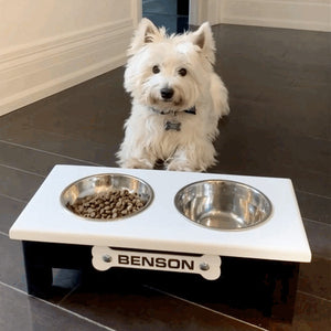 Raised Dog Bowl Stand - 2 Bowl 6” High - White Top | Black Bottom