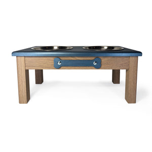 Raised Dog Bowl Stand - 2 Bowl 9"High - Steel Blue Top | White Oak Bottom