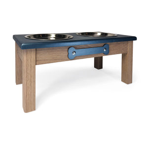 Raised Dog Bowl Stand - 2 Bowl 9"High - Steel Blue Top | White Oak Bottom