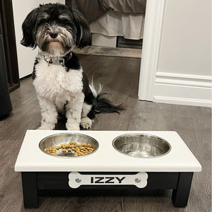 Raised Dog Bowl Stand - 2 Bowl 6” High - White Top | Black Bottom