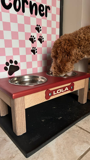 Raised Dog Bowl Stand - 2 Bowl 7" High - Red Top | White Oak Bottom