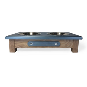 Raised Dog or Cat Bowl Stand - 2 Bowl 4” High - Blue Top | White Oak Bottom