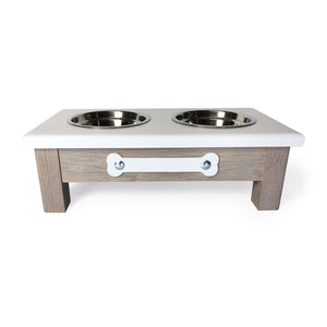 Raised Dog or Cat Bowl Stand - 2 Bowl 4" High - White Top | Grey Red Oak Bottom