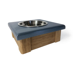 Raised Dog or Cat Bowl Stand - 1 Bowl 3” High - Blue Top | White Oak Bottom