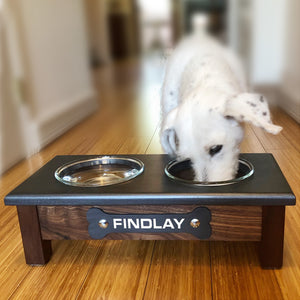 Raised Dog Bowl Stand - 2 Bowl 5” High - Grey Top | Black Walnut Bottom