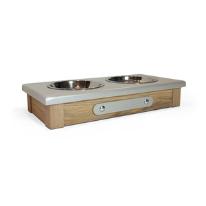 Raised Dog or Cat Bowl Stand - 2 Bowl 3"High - Silver Top | White Oak Bottom