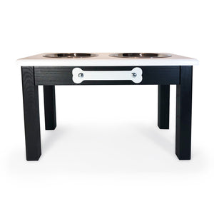 Raised Dog Bowl Stand - 2 Bowl 12" High - White Top | Black Bottom