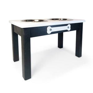 Raised Dog Bowl Stand - 2 Bowl 12" High - White Top | Black Bottom