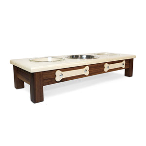 Raised Dog Bowl Stand - 
3 Bowl 5” High - Ivory Top | Black Walnut Bottom