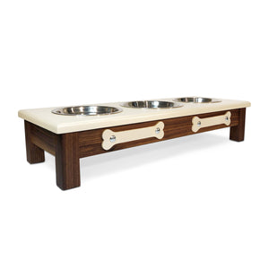 Raised Dog Bowl Stand - 
3 Bowl 5” High - Ivory Top | Black Walnut Bottom
