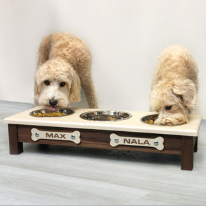 Raised Dog Bowl Stand - 
3 Bowl 5” High - Ivory Top | Black Walnut Bottom