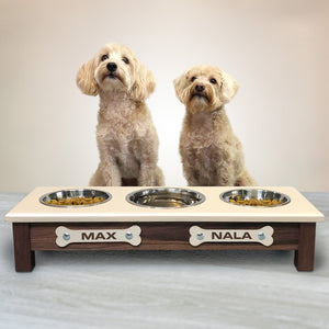 Raised Dog Bowl Stand - 
3 Bowl 5” High - Ivory Top | Black Walnut Bottom