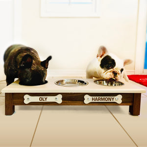 Raised Dog Bowl Stand - 
3 Bowl 5” High - Ivory Top | Black Walnut Bottom
