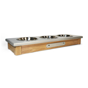 Raised Dog or Cat Bowl Stand - 3 Bowl 3” High - Silver Top | Red Oak Bottom