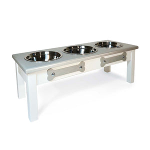 Raised Dog Bowl Stand - 3 Bowl 9” High - Silver Top | White Bottom